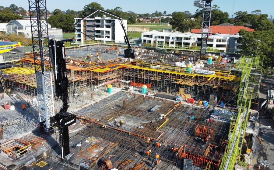 Apex formwork crews on a suspended slab deck at Caringbah Pavilion