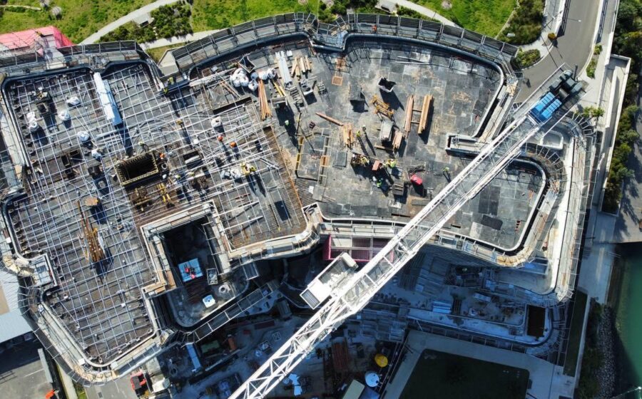Drone view of a residential tower slab under construction